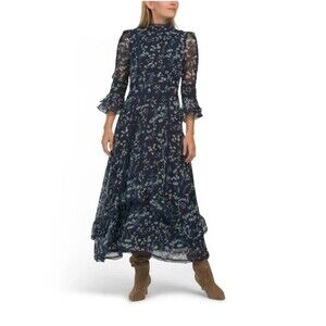 Dalia McPhee Midi Dress Floral Navy Blue Size Large